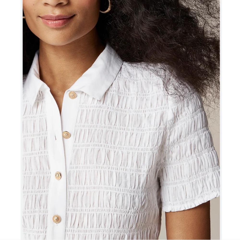 J. Crew Top Smocked button-up shirt in cotton-blend voile / white / Sz. L - Picture 3 of 12